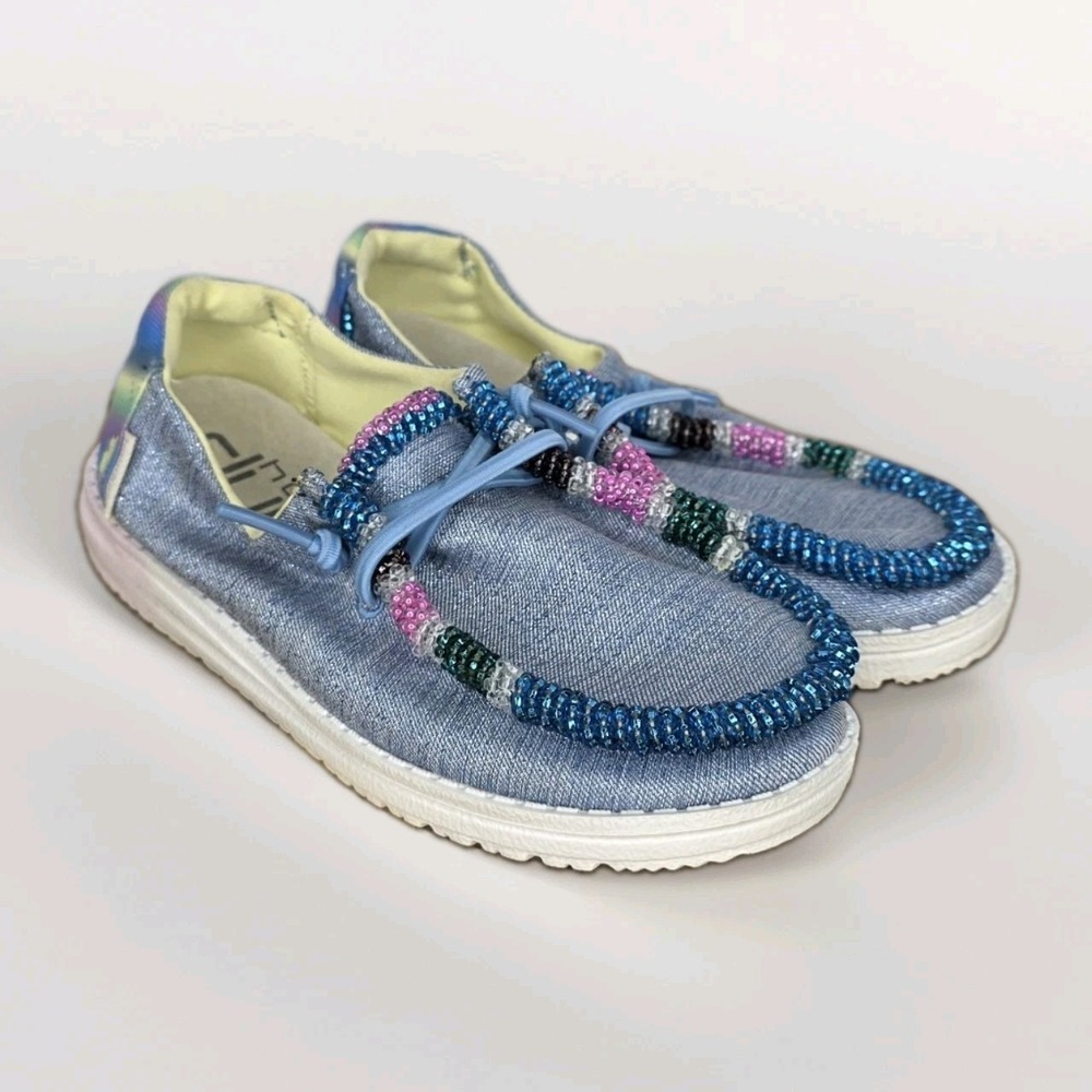 Hey Dude Wendy Sparkling Denim Youth Slip On Beaded Native Shoes Girls Size 11